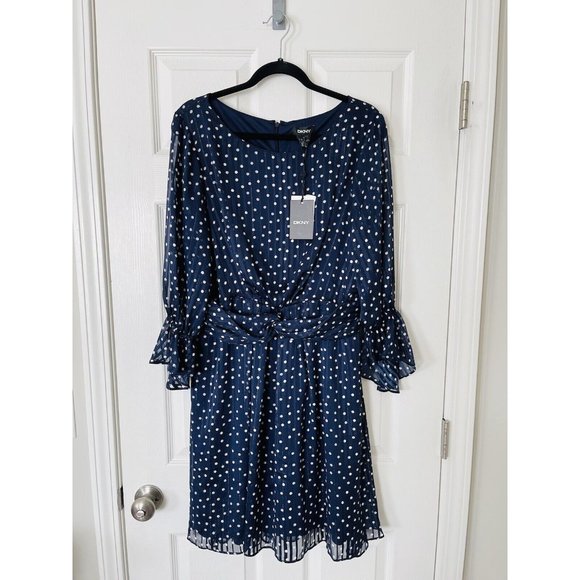 NWT DKNY 3/4 Sleeve Dotted Chiffon Fit & Flare Dress - Midnight/ Multi - Size 14 - Picture 2 of 5